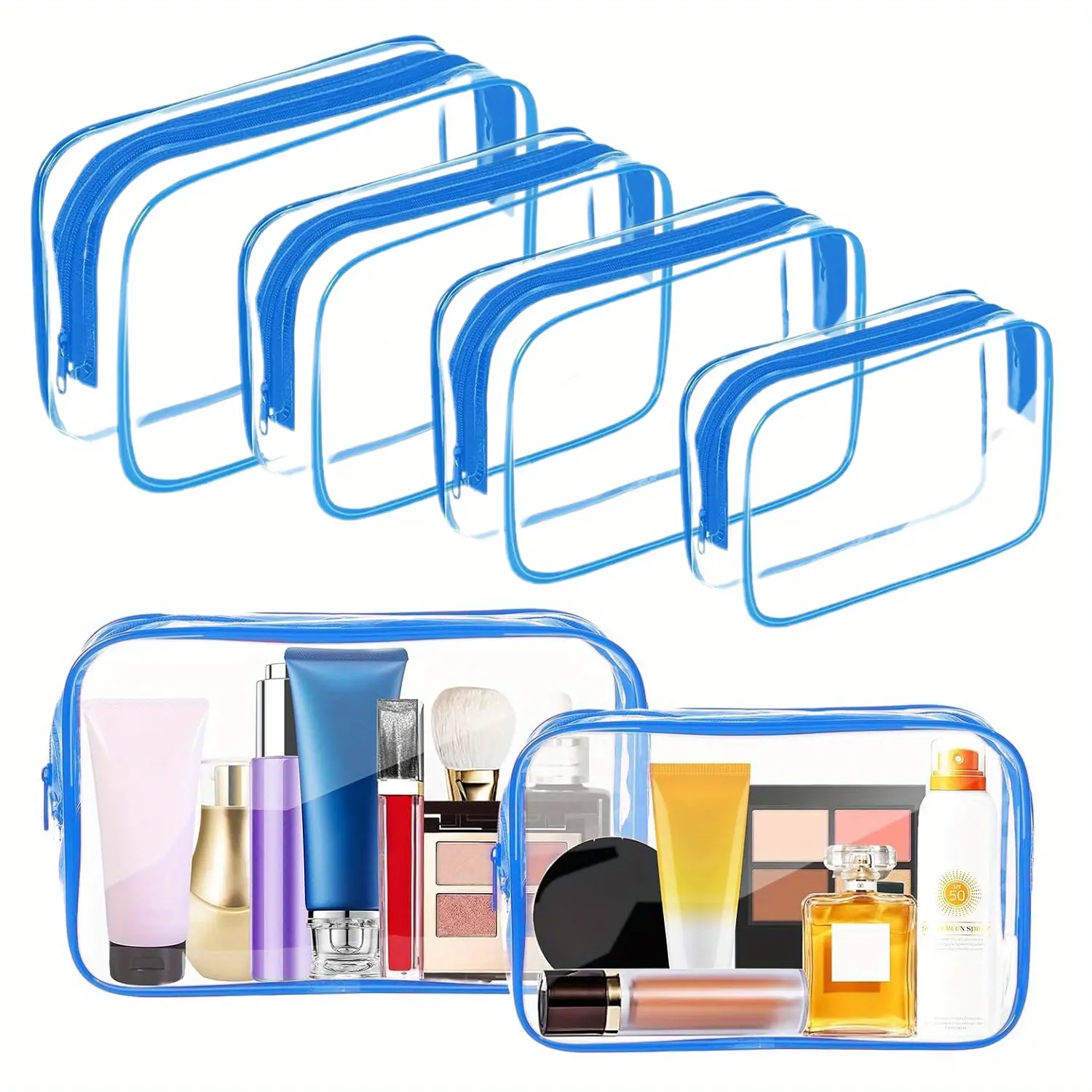4 Pack Clear Toiletry Bag, Portable Travel Makeup Bags with Zipper, TSA Approved Clear Organizer Bags, PVC Cosmetic Pouch for Airport Airline Compliant