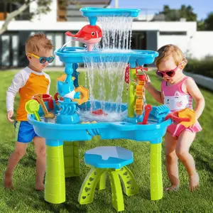 Kids 3-Tier Sand and Water Table, Sensory Activity Play Table for Toddlers 3-5, Summer Outdoor Water Play Toys, Backyard Beach Sand Water Sensory Table, Perfect Gift for Boys Girls