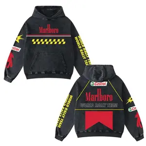 Retro Malboro World Rally Team Racing Washed Hoodie MotoGP World Champion Enthusiast Apparel Streetwear Akrapovic Shoei Helmet Racing Team Super Motorsports Clothing Riders Motocross Off-Road Dirt Bike Fan Gear Cotton For Moto Fan