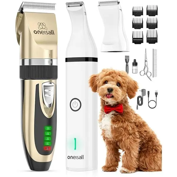 Dog Clippers and Paw Trimmer Kit for Small Large Dogs Cats | Low Noise, Powerful Motor, Cordless & Long Battery Life, Simple for Beginners, 6 Guide Combs, Removable & Rinsable Blade