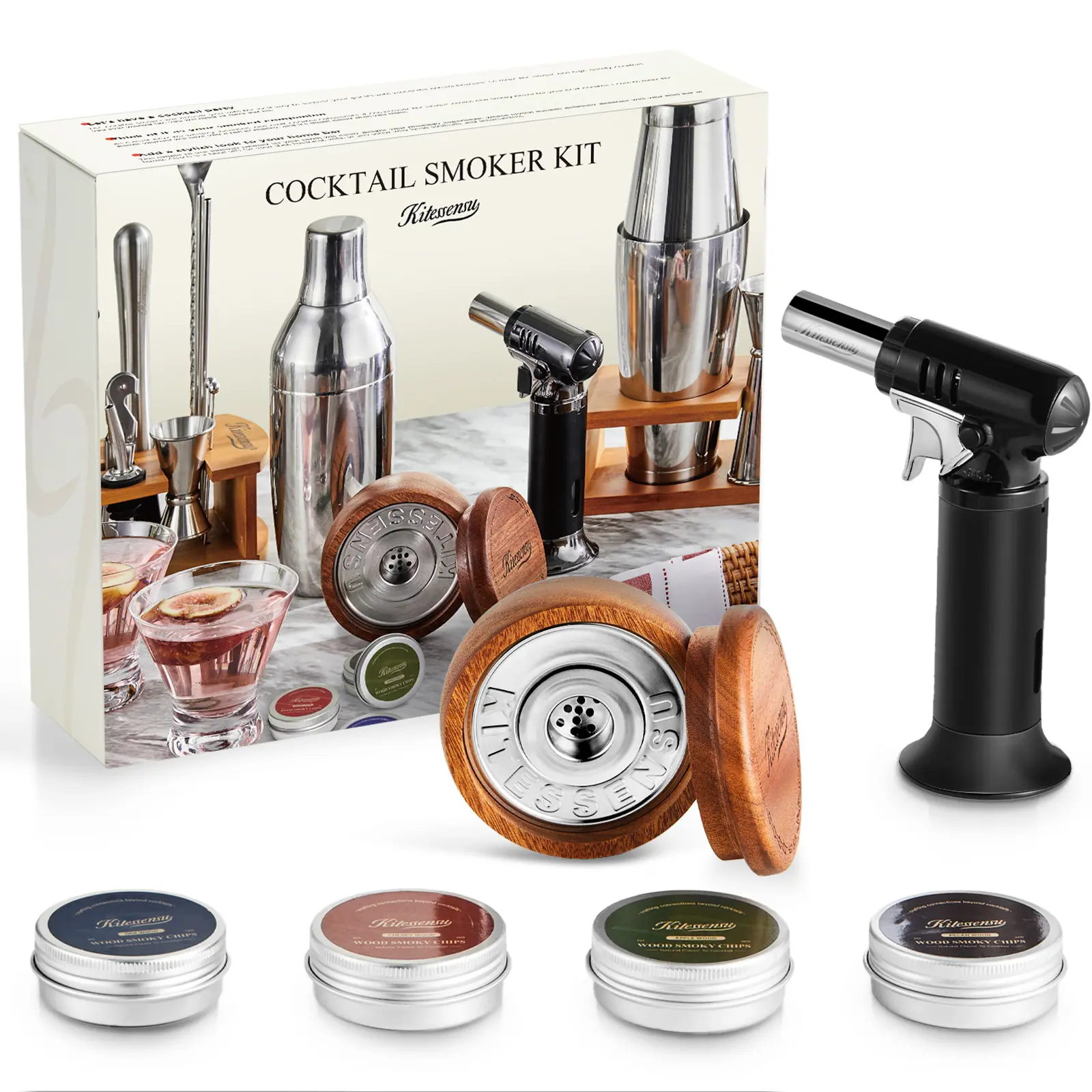 Whiskey Smoker Kit with Sapele Wood Top, 4 Wood Chip Flavors, Cocktail Smoker for Old Fashioned, Bourbon & Home Bar Drinks homeessentials