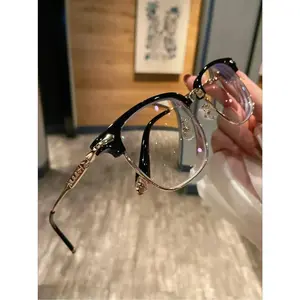 Gothic Luxury Browline Blue Light Glasses, Vintage Cross Carved Semi-Rimless Eyewear, Lightweight Clear Lens Office Computer Glasses for Women
