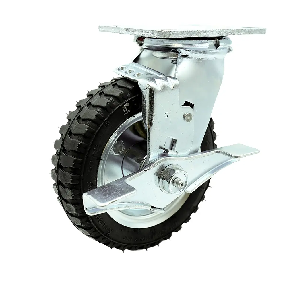 6 Inch Swivel Pneumatic Caster - Black Rubber Wheel and Top Lock Brake - Heavy Duty Caster - 250 lbs. Capacity/Caster - Service Caster Brand