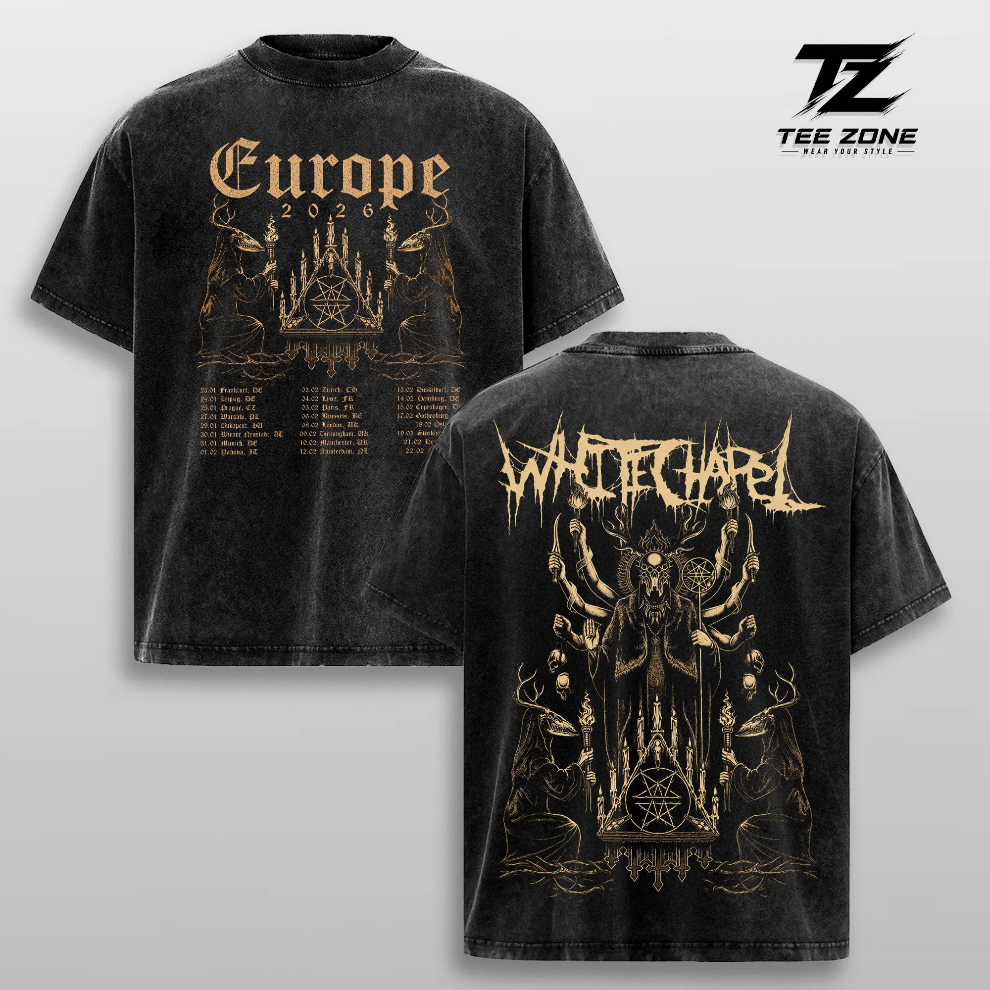 Whitechapel Europe Tour 2026 Graphic Tee Vintage Washed Oversized Heavyweight Cotton T-Shirt Deathcore Band Merch Double Sided Tour Dates Streetwear
