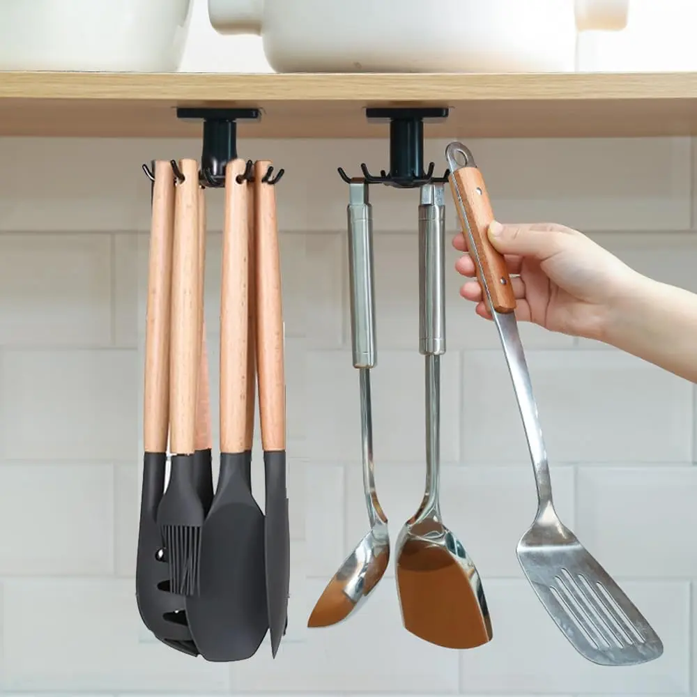 [New Deal] 2Pcs 360° Rotating Kitchen Utility Hooks - Drill-Free Wall Hanging Adhesive Space Saver Versatile Organizer, Under Cabinet Holder for Utensils, Towels (Black)