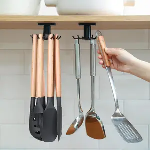 [New Deal] 2Pcs 360° Rotating Kitchen Utility Hooks - Adhesive Under Cabinet Hooks for Utensils, Tools, Towels & Knives (Black) - Organiser
