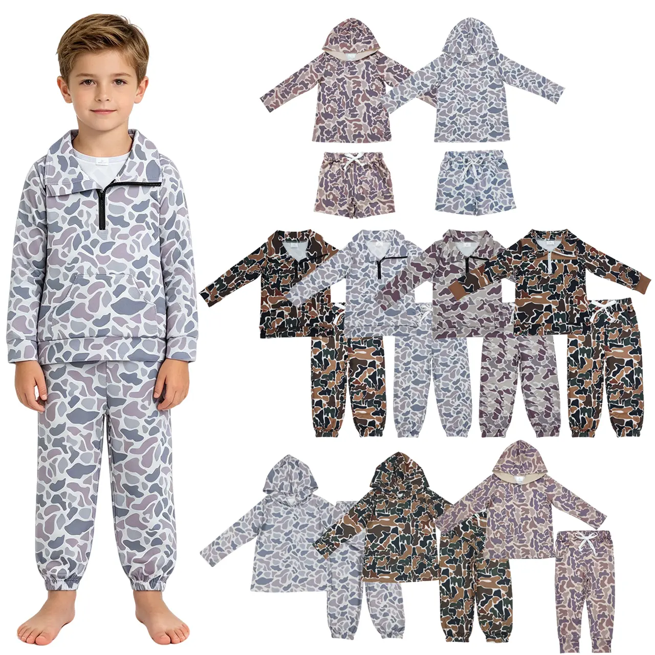 Winter Camo Suit for Toddler Boys, 2-Piece Cotton-Blend Long Sleeve Half-Zip Pullover and Pants Set