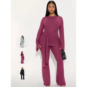 Women's Fashion Casual Long Sleeve Top & Loose Pants Set, Trendy Waist Belt Design, Perfect for Spring & Fall Daily Wear