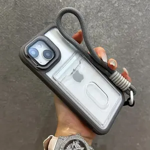 New Foldable Lens Stand Card Slot Wallet Phone Case For iPhone 17 Air 16 15 14 13 12 11 Pro Max Plus with Wrist Strap Shockproof Protective Cover Accessories