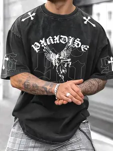 Men's Casual Sporty Short Sleeve Athletic Gym Workout Shirt, Angel Wings & Cross & Number 96 Print, Comfortable Round Neck Tee for Outdoor Gym Shopping