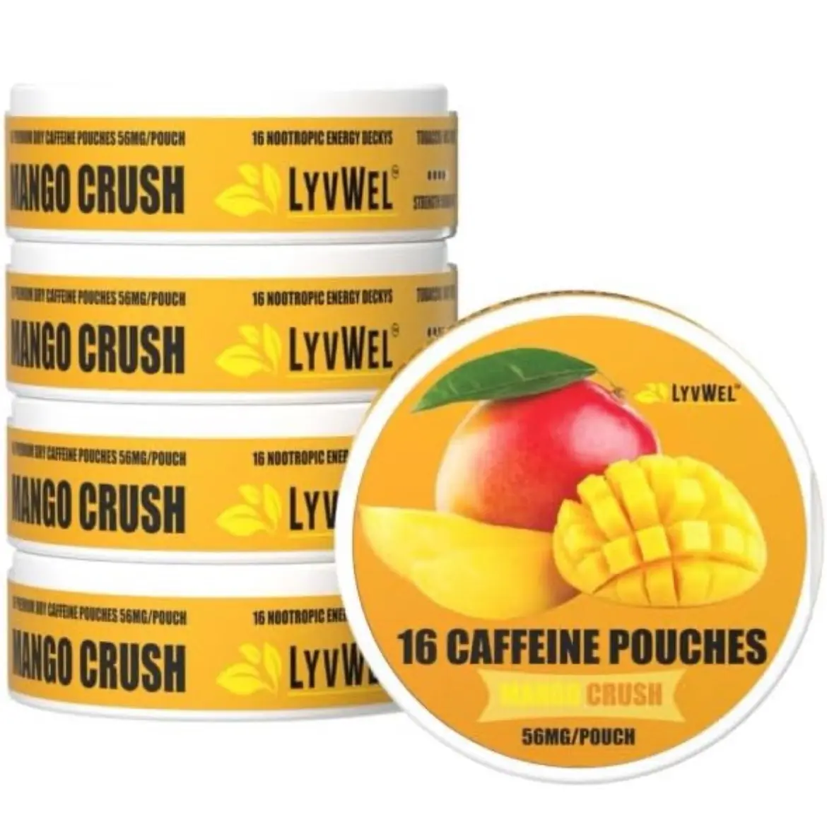 Mango Crush Caffeine Pouches - 5 Jars (80 Pouches Boost Immunity Energy Drink Beverage Flavor) - Sweet Energy Drink Pack