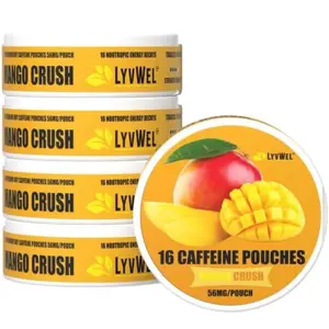 Mango Crush Caffeine Pouches - 5 Jars (80 Pouches Boost Immunity Energy Drink Beverage Flavor) - Sweet Energy Drink Pack