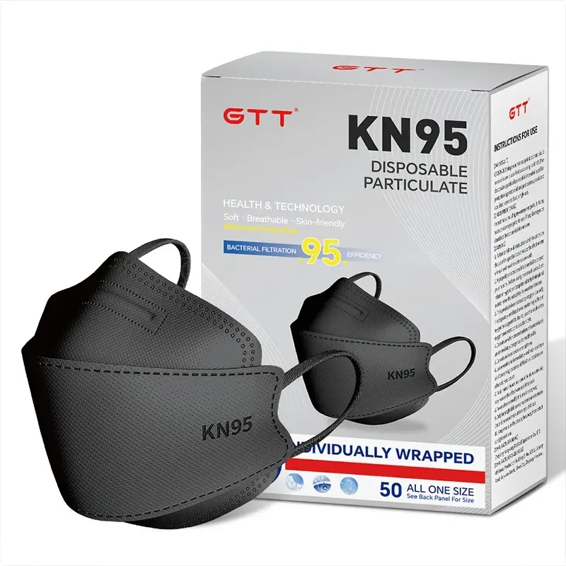 Black KN95 Disposable Face Masks 50 Pack Individually Wrapped, 4 Layer Fish Shape Particulate Respirator, Breathable Comfort KN95 Mask for Adults Daily Work Travel Outdoor
