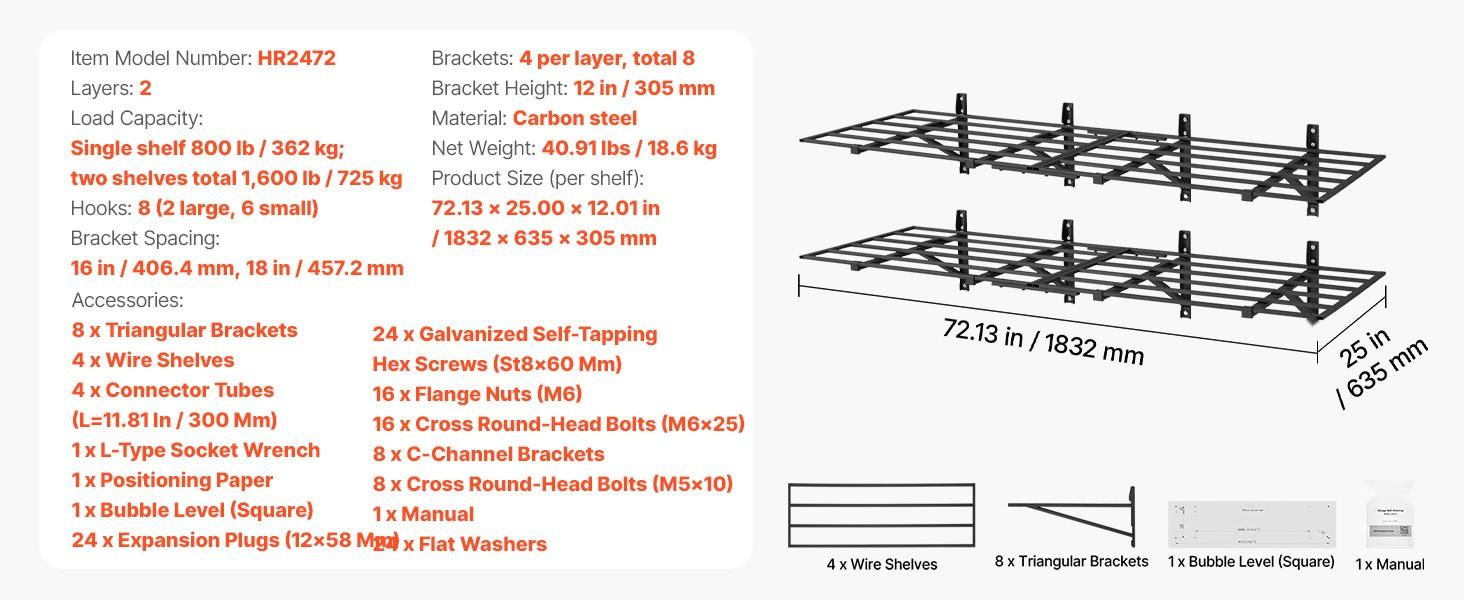 2-Tier Heavy Duty Wall Garage Shelving System, 4-Pack Steel Wall Mounted Shelving Unit, 24 x 72 Inches Per Shelf, Floating Storage Metal Rack For Garage Organization, 1600 Lbs Total Weight Capacity, Black