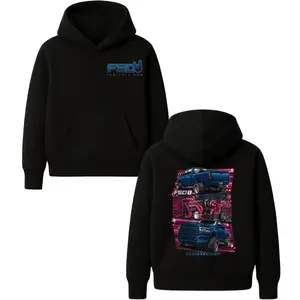 FSD Diesel Neon Truck Hoodie – Black Automotive Graphic Pullover Featuring Blue Diesel Pickup with Pink Performance Engine Panels, Streetwear Hoodie for Truck & Diesel Fans