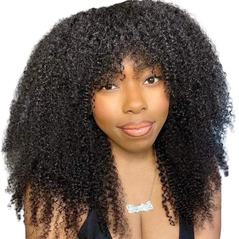 LADIARYF Afro Kinky Curly Wig With Bangs Full Machine Made Glueless Wear And Go Human Hair Virgin Brazilian Remy Curly Human Hair Wigs