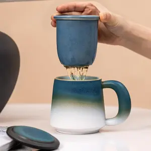 16oz Ceramic Tea Mug with Infuser & Lid, Kiln-Transformed Unique Nature Artisan Design Insulated Coffee Cup, Great Gift for Women Men