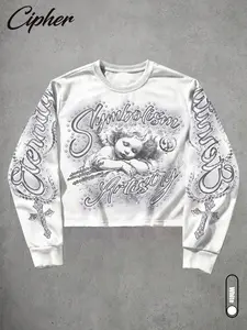 Vintage Aesthetic Angel Cross Print Cropped Sweatshirt, Gothic Cherub Graphic Long Sleeve Pullover, 90s Streetwear Casual Loose Fit Crop Top for Women, Fall Winter Cozy Fleece Lined Sweatshirt with Rhinestone Detail