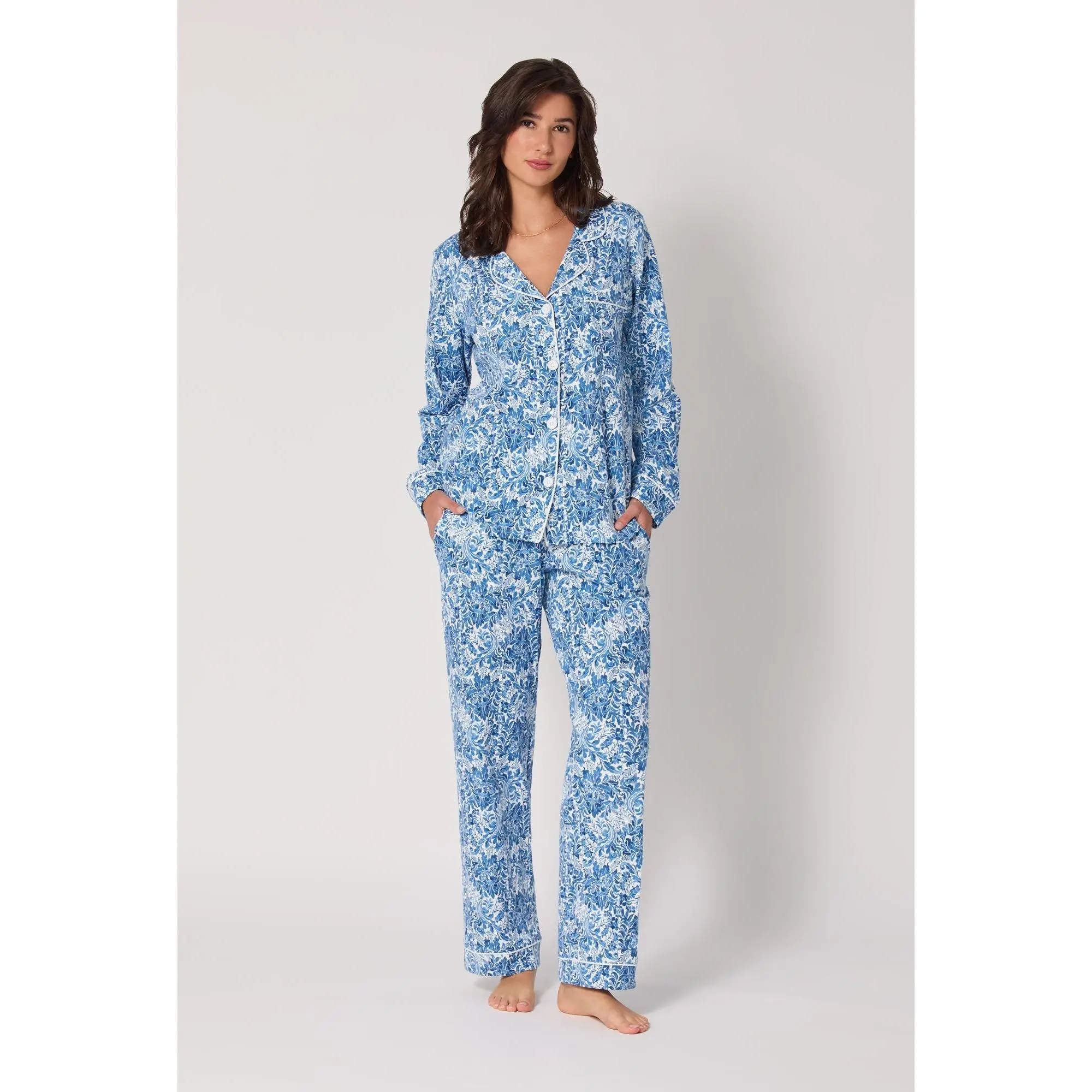 Women's Comfy Soft Vintage Cotton Jersey Pocket Pajama Set - Long-Sleeve Button-Up Classic Nightwear with "Bed Head Till The Ball Drops" Print, Dreamy Damask Style, Lady, Knit, Cute Pajamas, Organic Cotton, Pajama Party