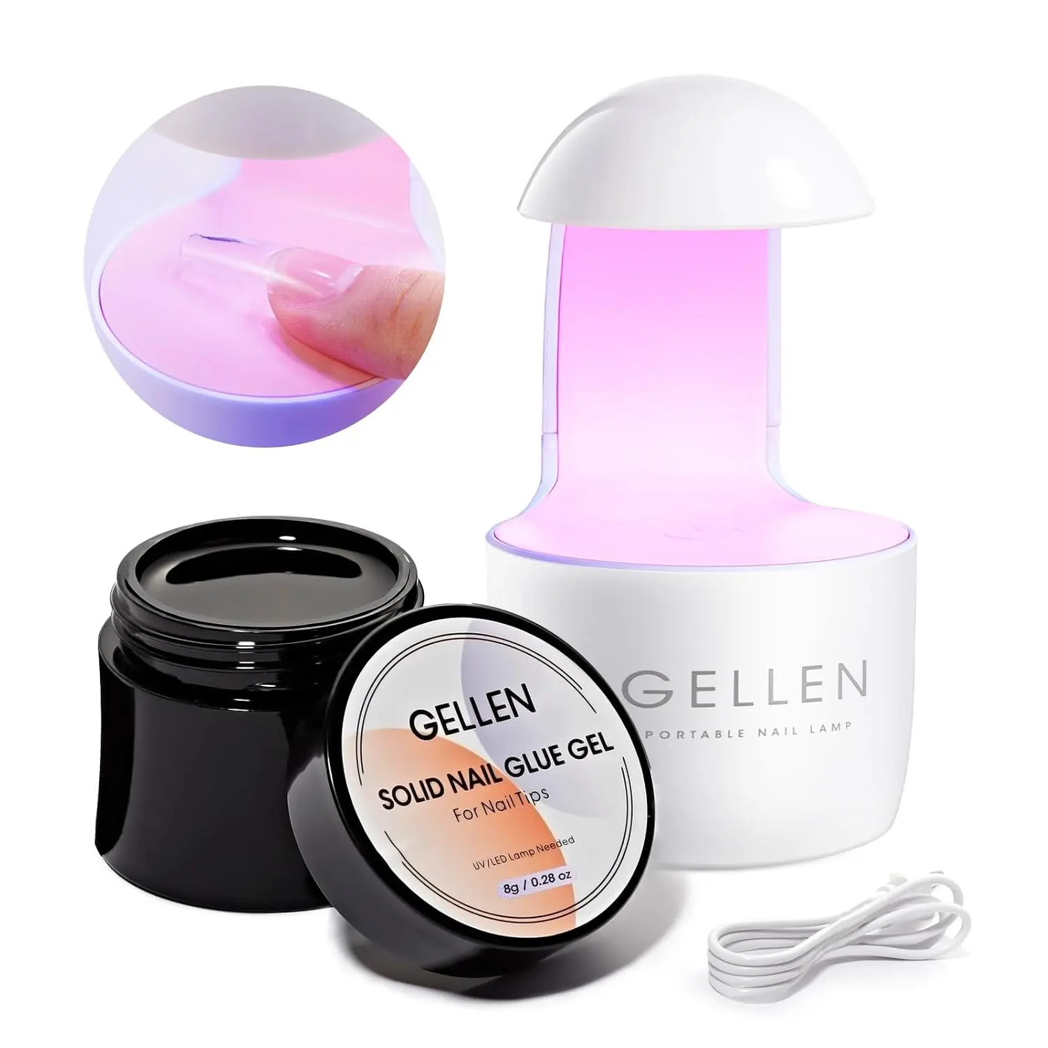 Gellen Solid Nail Glue Gel Kit, 8g Glue With 8W Mini UV/LED Nail Lamp | Repositionable Clear Gel Glue For Acrylic, Fake And Press On Nail Tips With Strong UV-Cured Adhesion And Up To 28 Days Wear