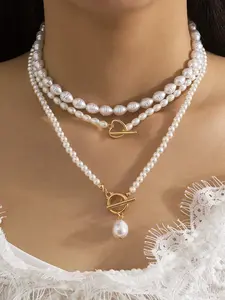 Women's Waterdrop Faux Pearl Multilayer Necklace Set, Vintage Beaded Heart Pendant Design, Versatile OT Buckle Clasp Jewelry