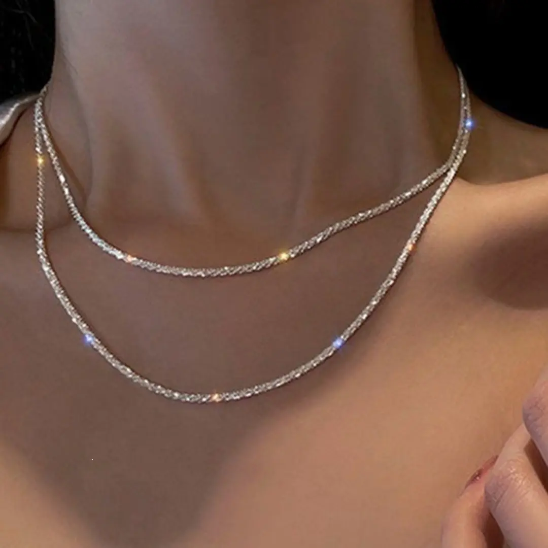 925 Sterling Silver Glitter Cross Pendant Necklace for Women, Gifts for Girlfriend, Fashion Double Layered Jewelry for Party, Daily Decor, Trendy All-match & Exquisite Jewelry for Birthday Gift Silver Jewelry, Cuban Link Chain