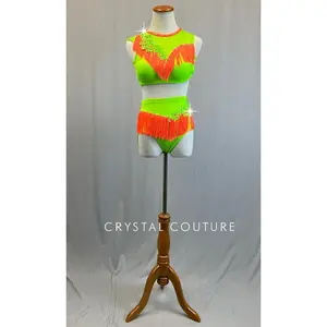 Custom Lime Green Two Piece with Neon Orange Fringe Trim - Rhinestones