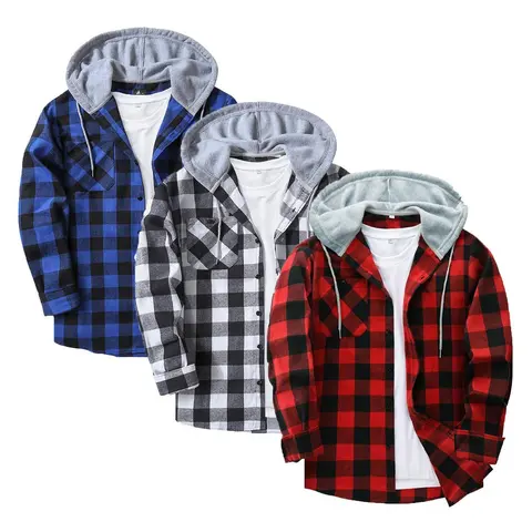 ZITY Men's Flannel Hoodie Shirts - 1-3 Pack, Long-Sleeve Button-Down Checked Tops, Vintage Warm Durable Menswear Sweatshirts, Casual Workwear with Pocket, Machine-Washable Beige Fleece Outfits, Gifts for Him