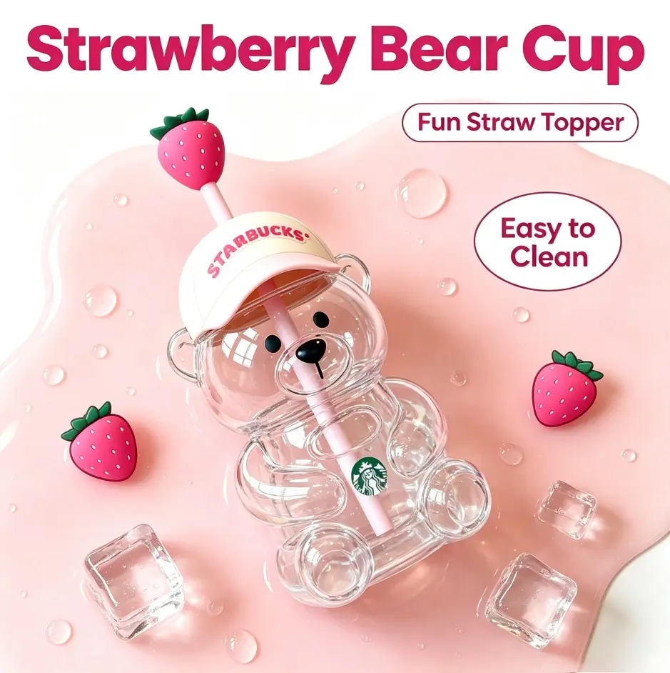 SummerWins  Strawberry Bear  Shaped Glass Cups, Romantic Pink & Green Teddy Bear Glass Mug with Airtight Cap, Decorative Drinking Jar for Valentine’s Party Decor, Engagement, Anniversary Gift, Creative Cocktail & Soda Glassware