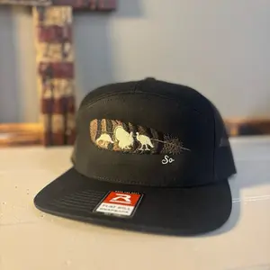 Richardson Flat Bill Snapback 168 with Embroidered Turkey Feather and So Label Black Adjustable Hat