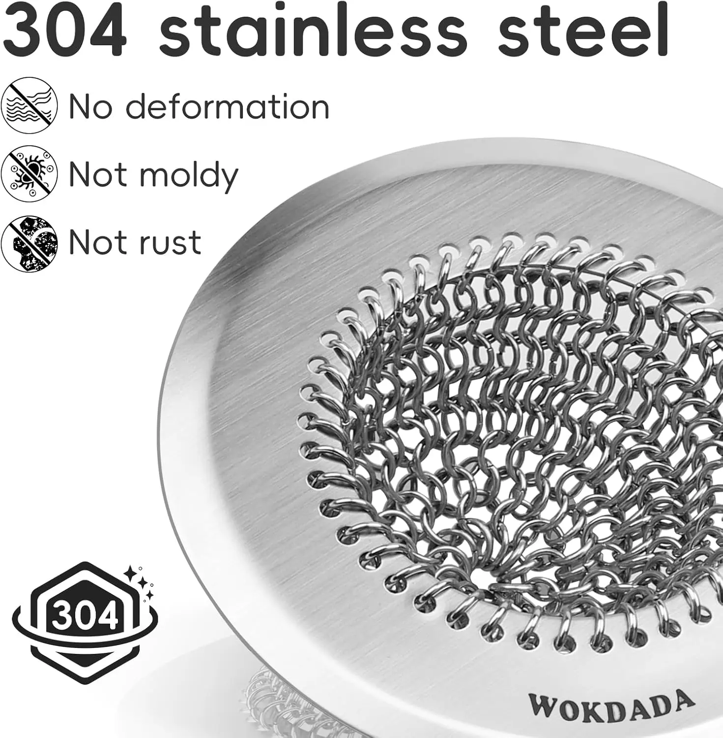 Wokdada 304 Stainless Steel Sink Drain Strainer Universal Size No Clog Effortless Cleaning Debris Catcher Dishwasher Safe Flexible Chain Mesh Water Keeps Flowing Sturdy Material Unique Design      Chainmail strainer