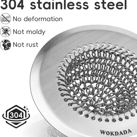 Wokdada Handcrafted 304 Stainless Steel Sink Drain Strainer - Round Chain Mesh Basket, Durable Unique Design, Sturdy Material, Universal Size, Effortless Flip-Clean No-Clog Debris Catcher, Dishwasher Safe, Kitchen/RV Accessory for Unobstructed Water Flow