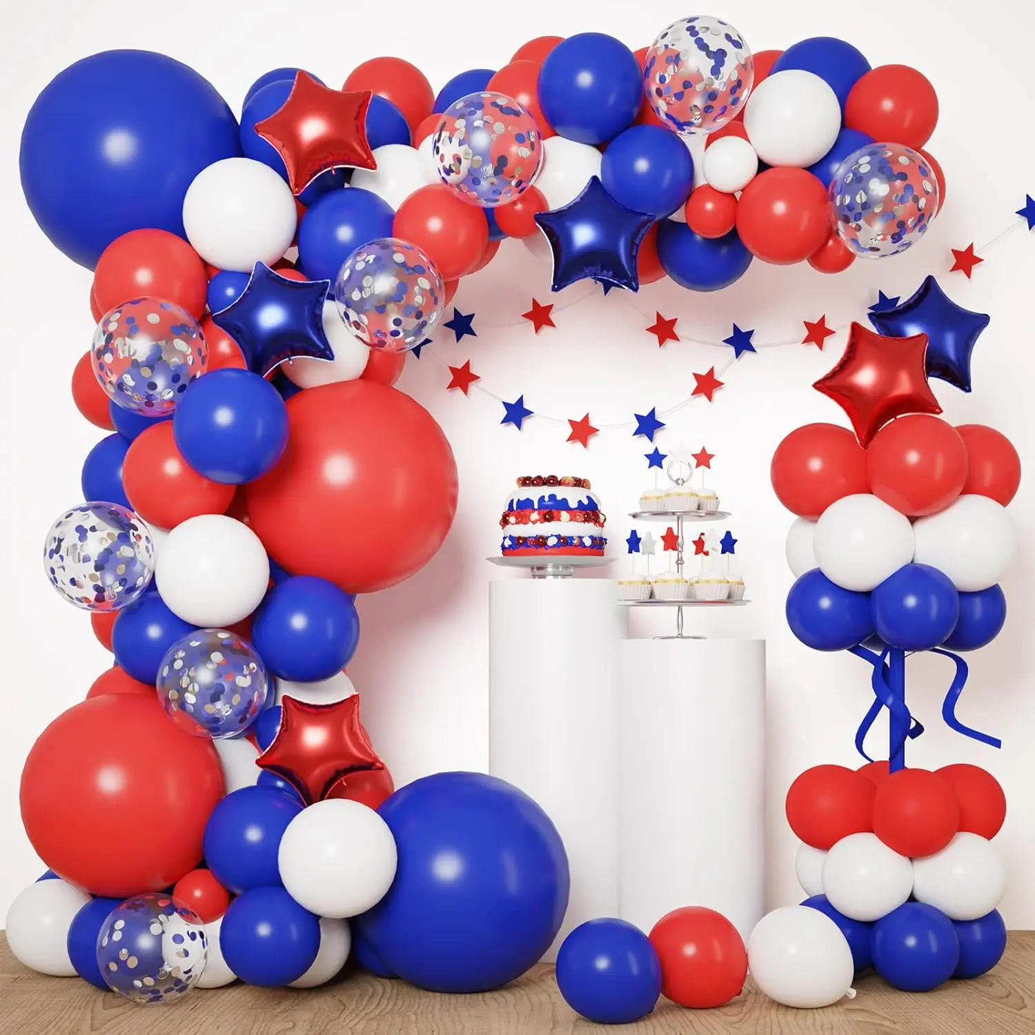 Red White and Blue Balloons Arch Kit, 4th of July Balloons Patriotic Decorations, Birthday Wedding Nautical Baseball Theme with Star Foil Balloons Decorations, 160pcs