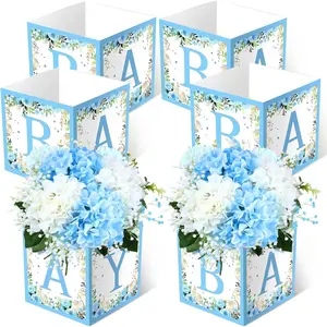 6 Pcs Shower Centerpieces with Letters, 7" Blocks Flower Boxes for Table Decorations, Gender Reveal Party Supplies & Photo Props(Blue,Blue Floral)