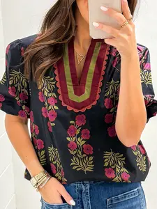 Floral Short Bubble Sleeve Contrast Slit Neckline Blouse, Featuring A Stunning Floral Print, Ricrac Detail, And Striped Patchwork.
