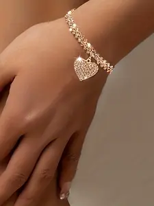 Luxurious Elegant Welded Claw Chain Rhinestone Heart Bracelet, Stylish Jewelry Accessory for Women, Perfect Gift Idea, Rhinestone Bangle Bracelet
