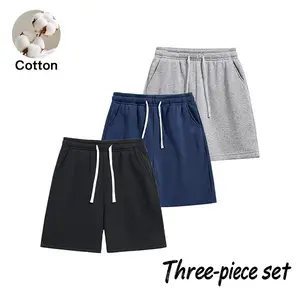 Men’s 100% cotton drawstring casual shorts, 3-pack; breathable summer athletic mid-length shorts; versatile street style for running, fitness, commuting, and multiple occasions.