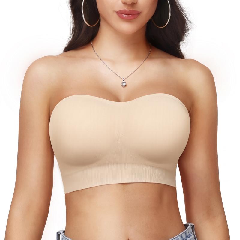 PoseFree Women's Seamless Push Up Strapless Bra - Non-Slip Silicone Bandeau, Fabric Straps, Wireless, Adjustable, Breathable Comfy, Secure Compression, Pinch-Free, Machine Washable, Off Shoulder Basic Top, Breathable Comfy Bra, Off Shoulder Tops