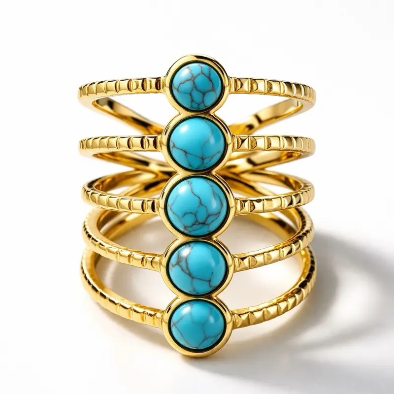 Turquoise Cascade Ring Open Size 7/8 with Real Turquoise Stones Gold Plated Multi Band Silhouette for Modern Luxury Anniversary Gift For Her