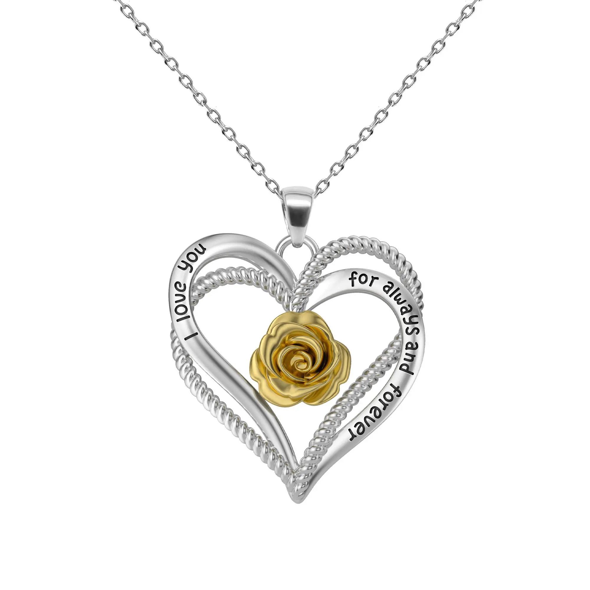Aprilery Two-Tone Heart & Rose "I Love You for Always and Forever" Necklace, Romantic Jewelry for Anniversary, Valentine’s Day & Daily Wear