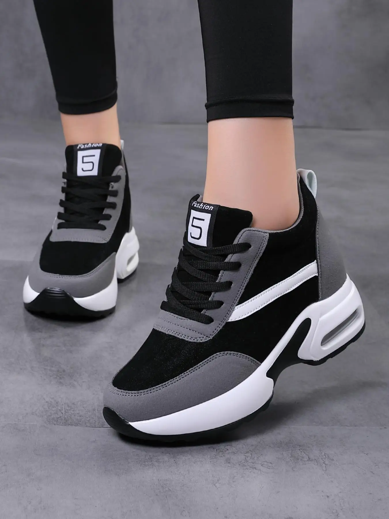 Sportive Patchwork Low Top Lace Up Sneakers, Trainers for Women, Fall New Air Cushion Design Shoes for Women, Casual Breathable Platform Shoes, Fashi
