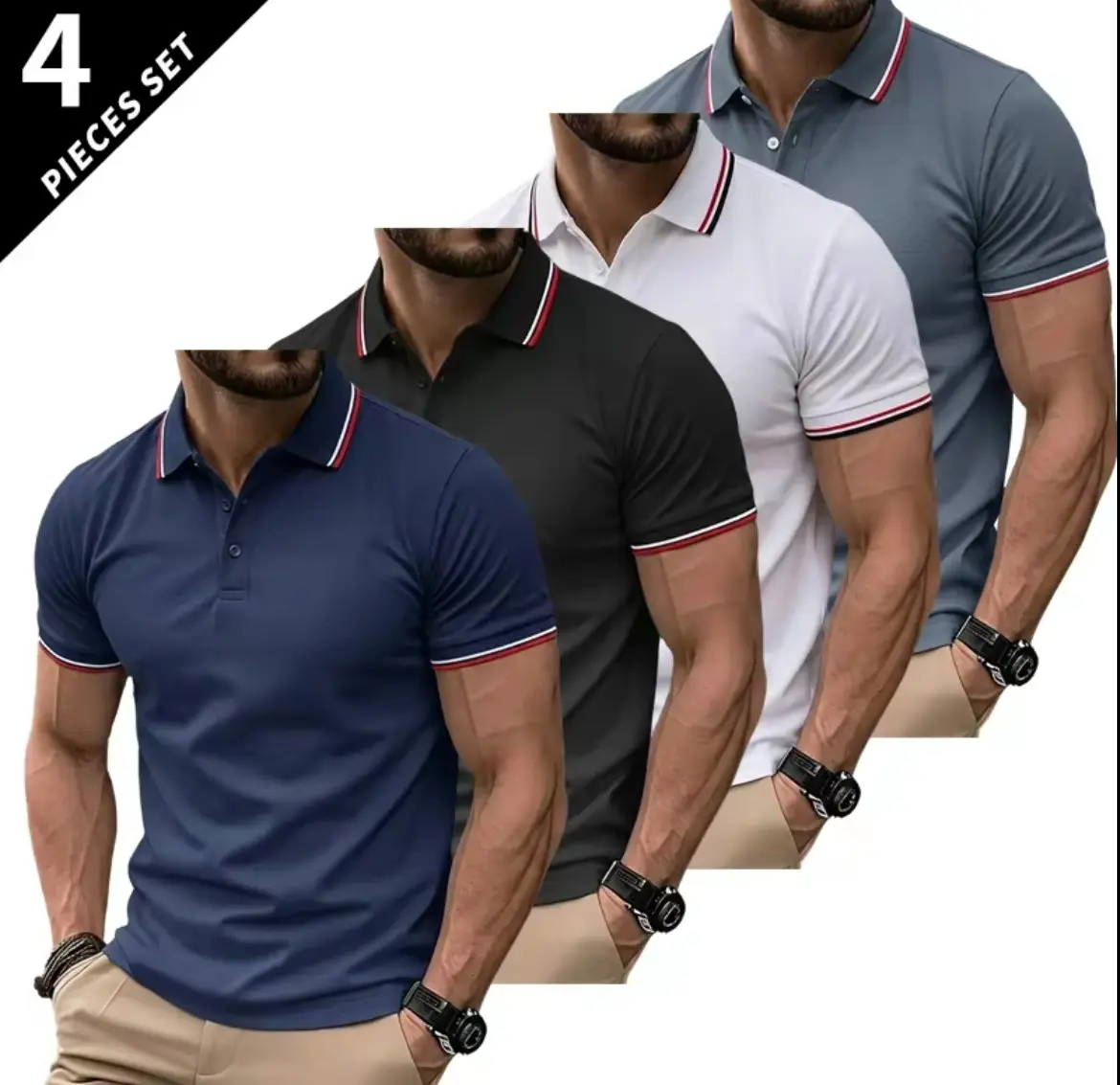 Men's 4-Pack Short-Sleeve Plain Polo Shirts, Turn-Down Collar, Slim Fit, Business Casual Menswear, Comfortable Office Undershirt for Layering Set