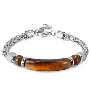Men's Non-Fading Hot-Selling Titanium Steel Bracelet, Round Polished Tiger Eye Stone Cuban Chain, Black Stone Fashion Costume Jewelry Accessory
