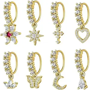 8Pcs/Set Dangle Nose Rings Hoop for Women,Septum Nose Piercing Jewelry Cartilage Earring CZ Flower Leaf Star Butterfly Daith Tragus Helix Lip Piercing,New Year Gifts,Hand Tools Kits