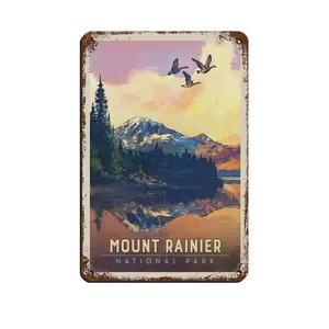 Vintage Metal Tin Signs Vintage Travel Poster Iconic Landscape Travel Themed Art Mount Rainier National Park Daybreak Metal Signs, Customize for Office, Business, Home, Workplace, Airbnb, Delivery Signs, Rust Free,Aluminum, Fade Resistant