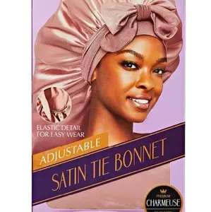 SATIN TIE BONNET Braided Baby Pink/PK Band with Elastic Detail for Easy Wear and Adjustable Fit Premium Charmeuse