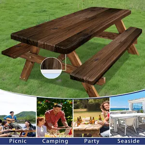 3pc Party Camping Yard Tablecloth Set, Vintage Wood Grain Pattern, Elastic Stretch Cover, Windproof Rectangular Outdoor Picnic Cloth