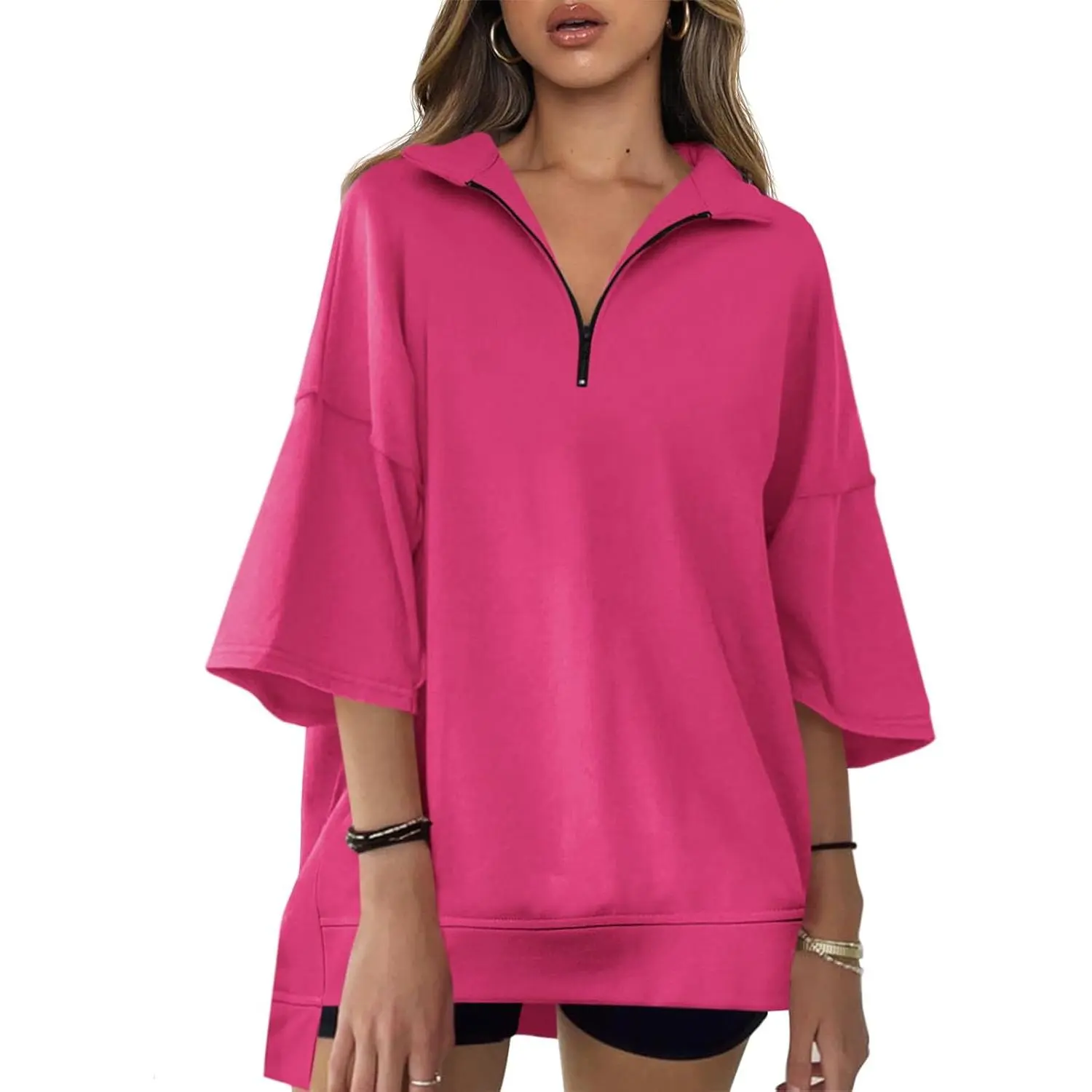 Imily Bela Women's Oversized Tunic Hoodie, Lightweight Pullover with a Zip V-Neck, Comfy Casual 3/4 Sleeve Top for Ootd Ideas, Zipper, Tops