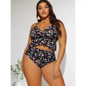 2026 New Model Plus Size Tankini Swimsuit - Ditsy Floral Ruffle Two Piece Bathing Suit - Waisted Swim Bottoms - Women's Curve & Plus Size Swimwear