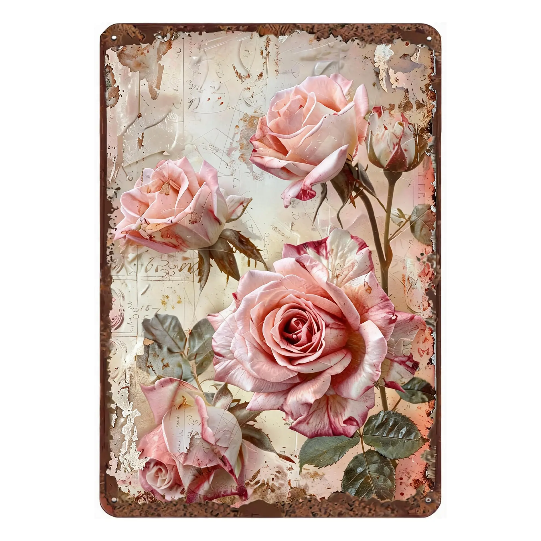 Vintage Pink Rose Floral Metal Tin Sign, Retro Rustic Flower Wall Plaque, Shabby Chic Farmhouse Bathroom Bedroom Home Decor Gift